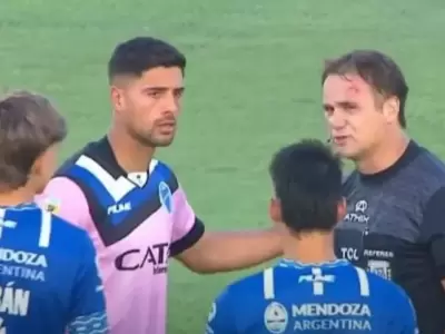 Momento en el que un hincha de Godoy Cruz Antonio Tomba produjo una lesi�n en el rostro del juez de l�nea en el partido ante Talleres de C�rdoba.