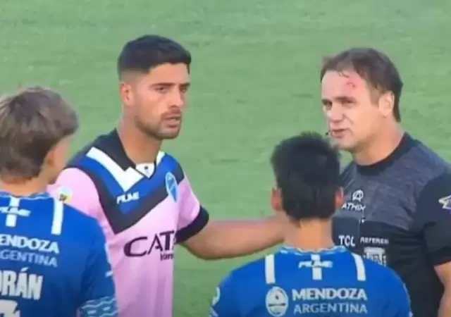 Momento en el que un hincha de Godoy Cruz Antonio Tomba produjo una lesi�n en el rostro del juez de l�nea en el partido ante Talleres de C�rdoba.