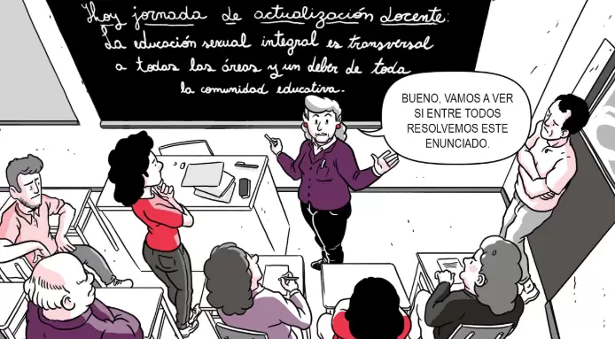 Caricatura que representa el desaf�o al que se enfrentan los docentes para considerar el ESI en sus planes educativos.