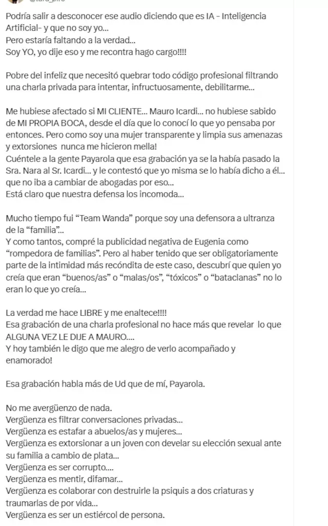 Publicación de la exabogada de Mauro Icardi.