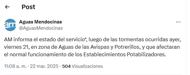 Aguas Mendocinas inform� sobre la posible falta de agua debido a las tormentas/