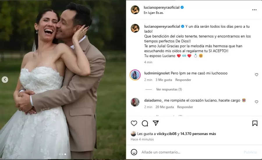 Luciano Pereyra confirm� que pas� por el altar con su novia desde hace 6 a�os, Julia