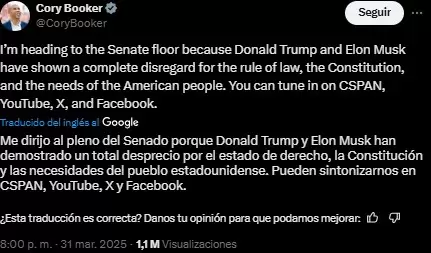 Publicaci�n de X del senador estadounidense.