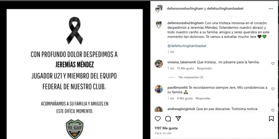 El club Defensores de Hurlingham despidi� con "con una tristeza inmensa en el coraz�n a Jerem�as M�ndez, jugador U21 de b�squet de la instituci�n/
