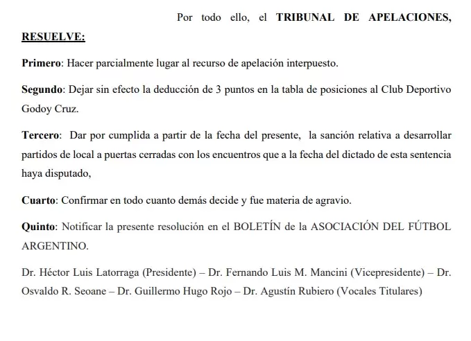 El Tribunal de Discplina de AFA dio lugar a la apelaci�n del Godoy Cruz y le sacaron la sanci�n/