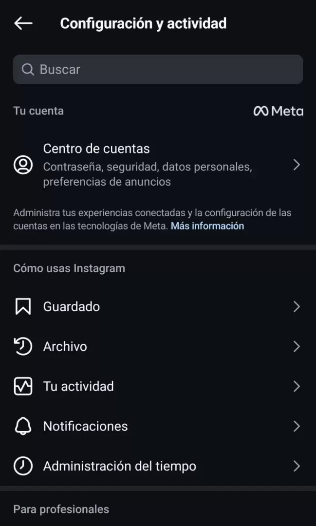 Panel de configuraciones de Instagram.
