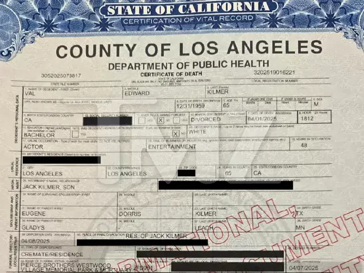 Certificado de defunci�n de Val Kilmer.