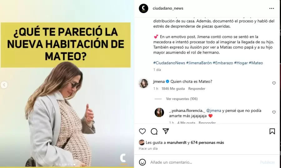 Jmena Bar�n respondi� una publicaci�n de Ciudadano News por el nombre de su hijo/ Instagram