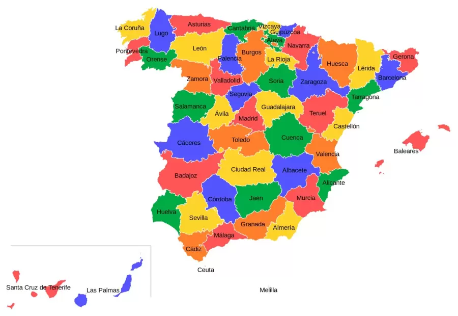 C�ceres (en azul), Toledo (en anaranjado), Badajoz (en rosa fuerte), y Ciudad Real (en amarillo).