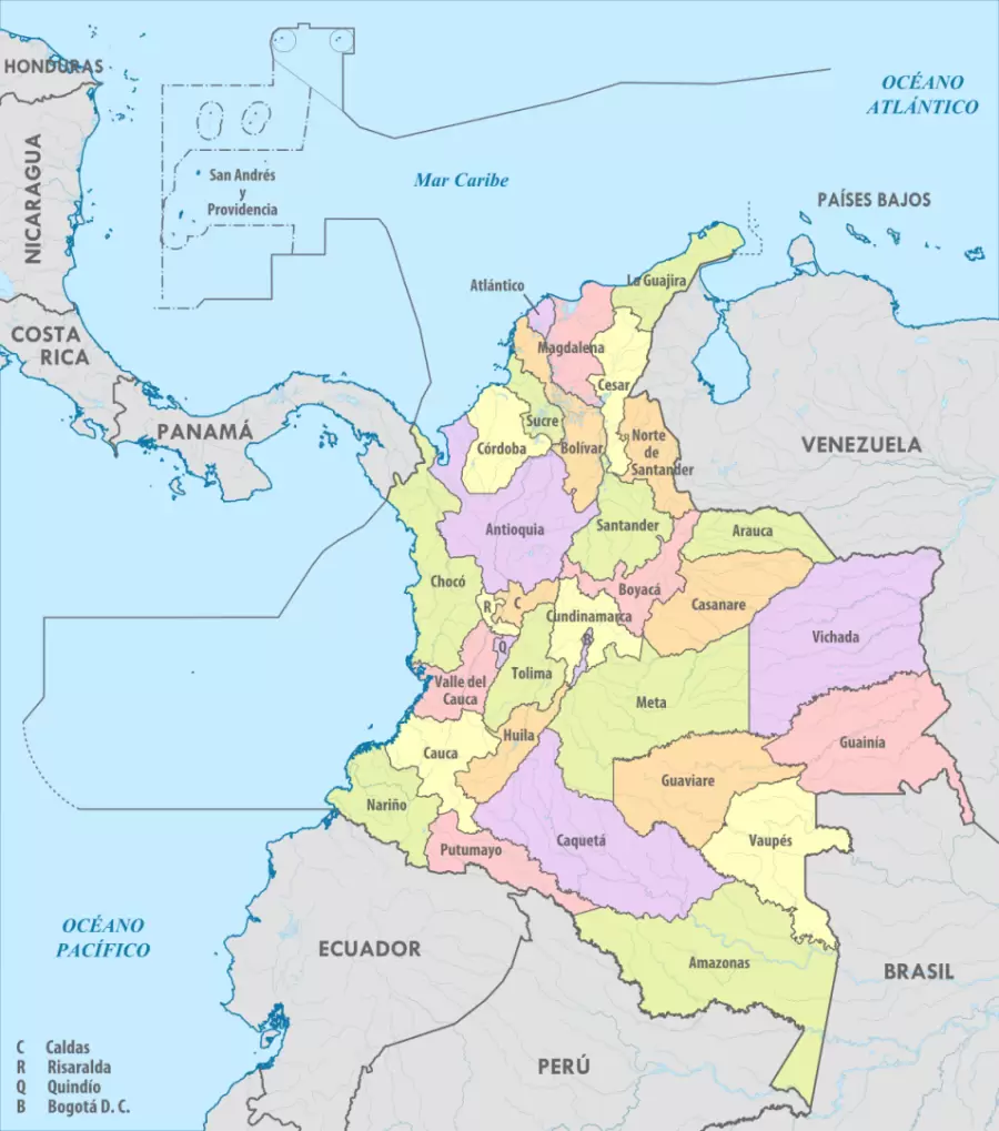 Boyac� (en rosado), Casanare (anaranjado), Cundinamarca (en amarillo) y Meta (verde claro). El cuatrifinio colombiano.