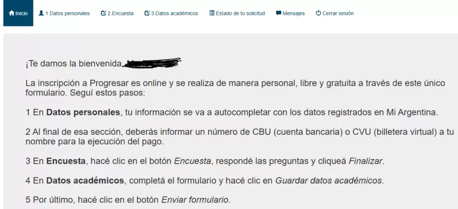 As se ve el inicio, men superior y todos los pasos de la inscripcin de Progresar