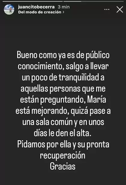 Comunicado en Instagram de Juan Becerra, hermano de la cantante. (@juancitobecerra)