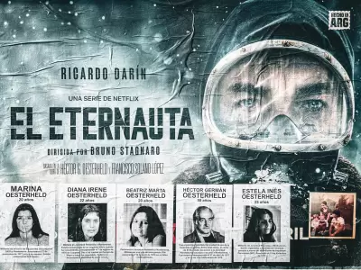 El afiche de El Eternauta con los c�rteles de b�squeda del autor y sus cuatro hijas.
