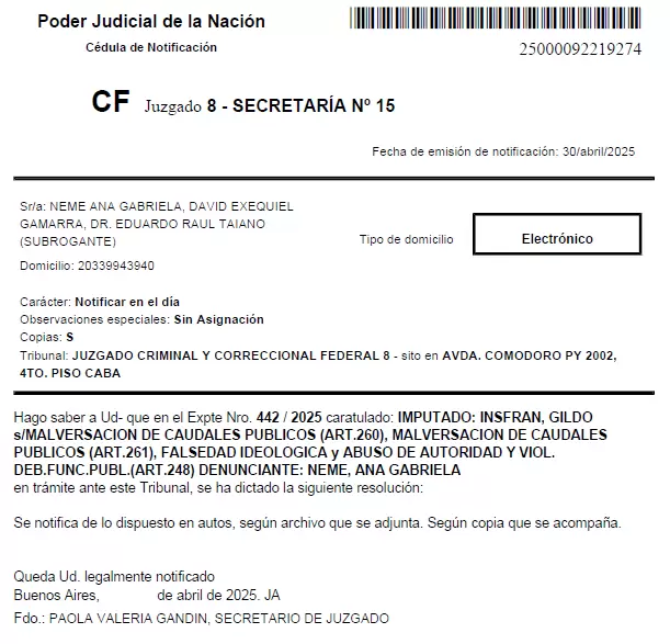 Denuncia contra Insfr�n