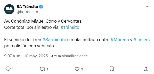 Accidente de tr�nsito entre un tren y una camioneta/ Fuente: X de BA Tr�nsito