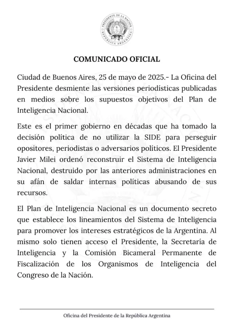 El comunicado del Gobierno  que desmiente versiones period�sticas sobre objetivos del Plan de Inteligencia Nacional/ Fuente: Oficina de Presidencia