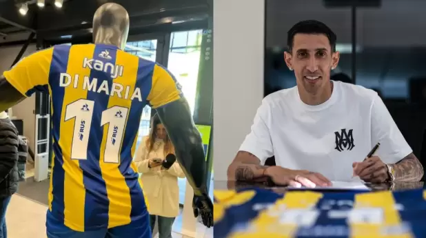 �ngel Di Mar�a firmando algunas camisetas con el n�mero 11 que de ahora en m�s volver� a lucir en Rosario Central.