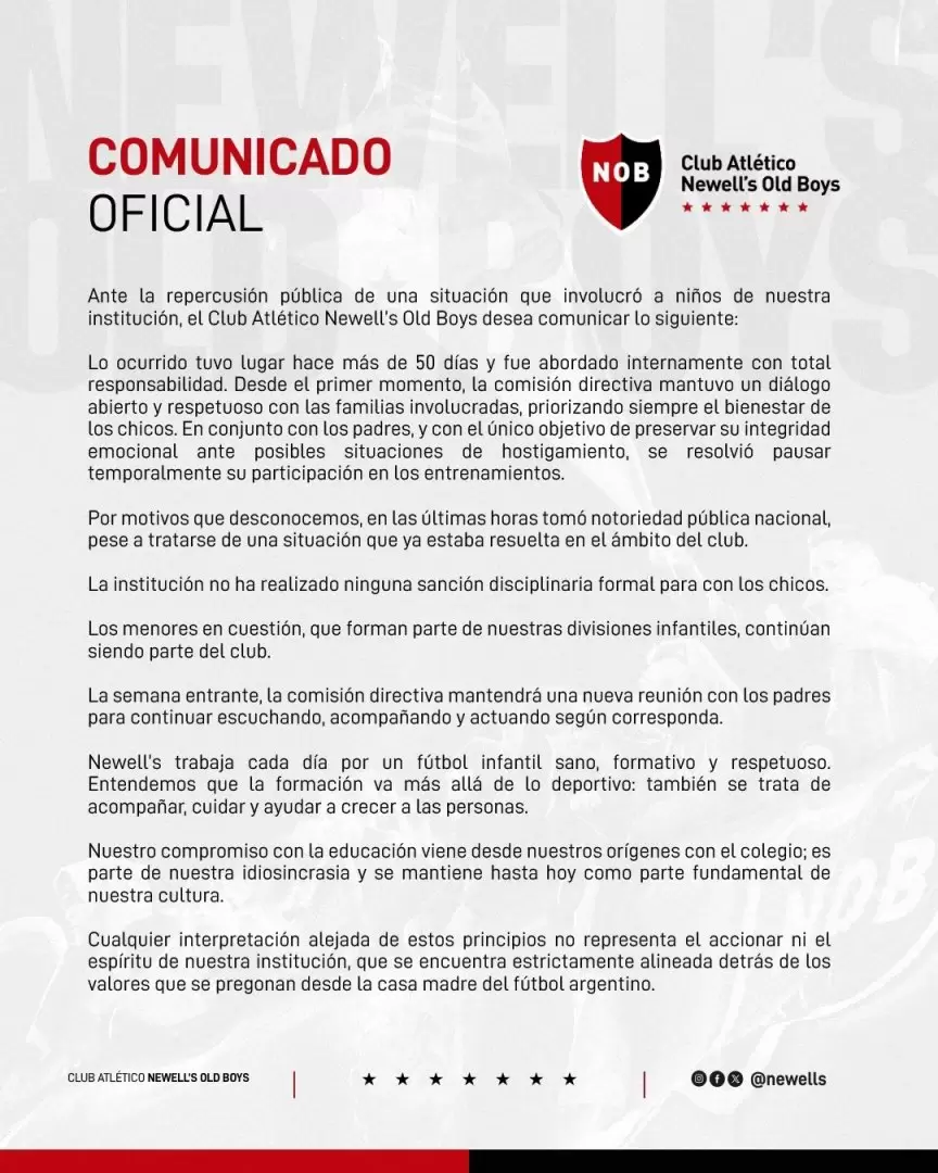 Comunicado oficial de Newell's sobre la suspensi�n de los menores por sacarse una foto con un jugador de Rosario Central.