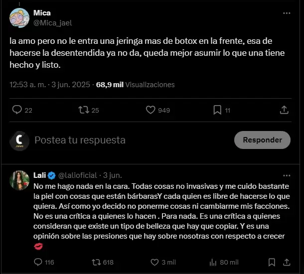 Lali Espósito respondió a una crítica por X