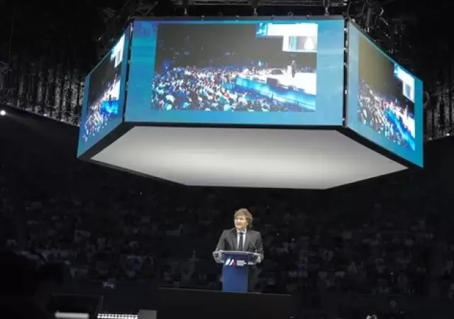 El presidente Javier Milei en el Madrid Economic Forum, en el Palacio Vistalegre, en Madrid, Espa�a. Fuente: NA