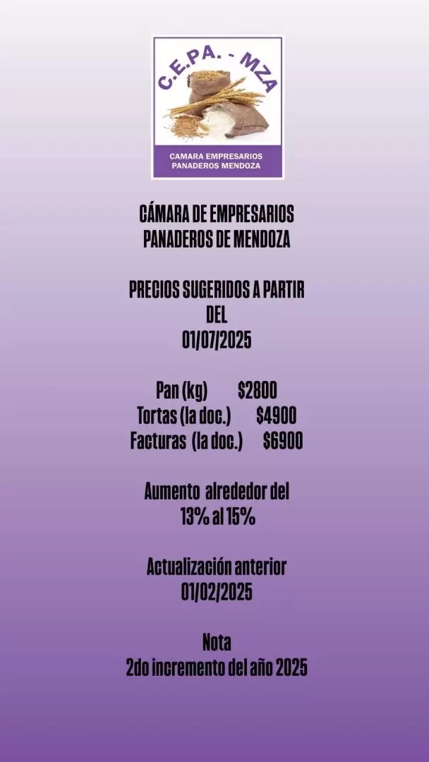 Comunicado de la C�mara de Empresarios Panaderos de Mendoza.