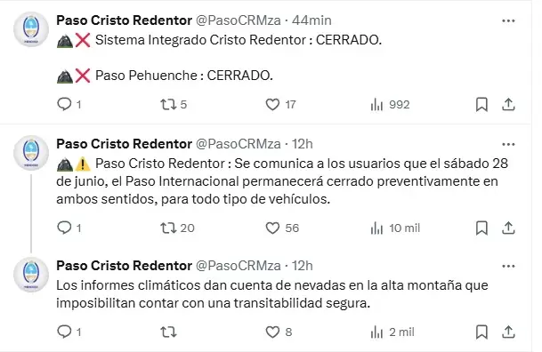 El Paso Cristo Redentor permanecer� cerrado por nevadas en Alta Monta�a/ Fuente: X de Paso Cristo Redentor