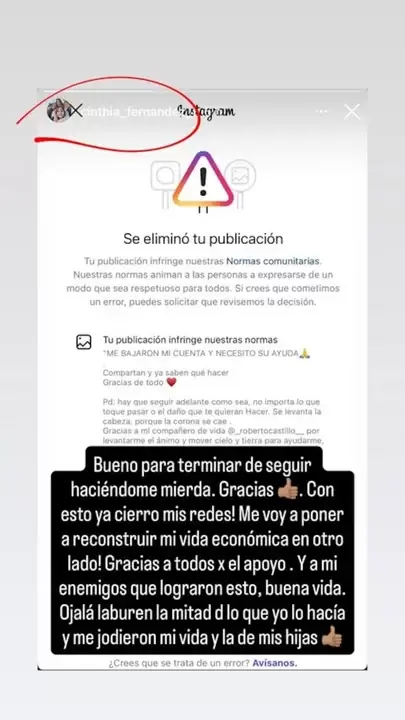 El posteo en la cuenta de Cinthia Fern�ndez.