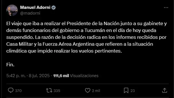 Tweet que confirma que Javier Milei no va a Tucumán