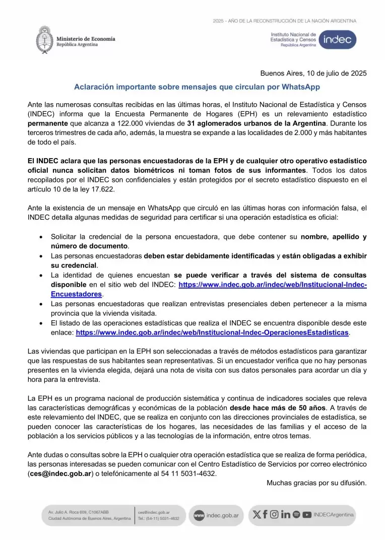 Aclaración importante sobre mensajes que circulan por Whatsapp.