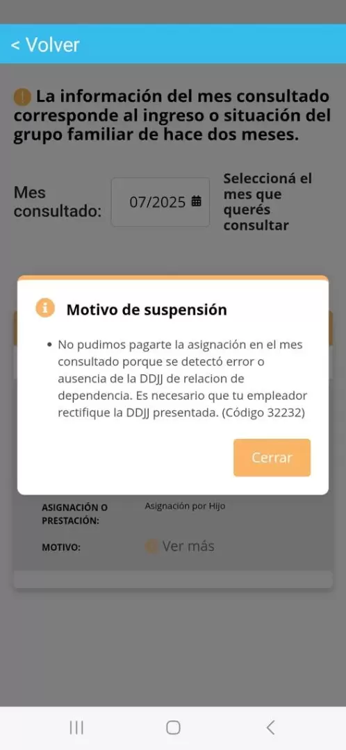 Uno de los mensajes de error que brinda ANSES sobre la situaci�n de SUAF