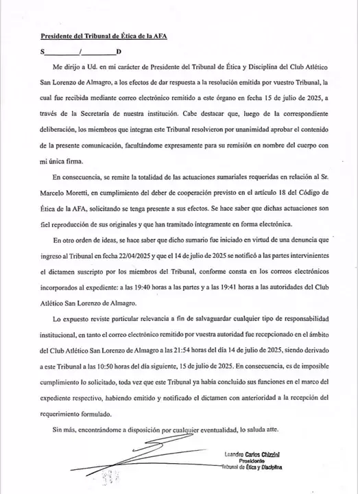 La contestaci�n de San Lorenzo a la AFA