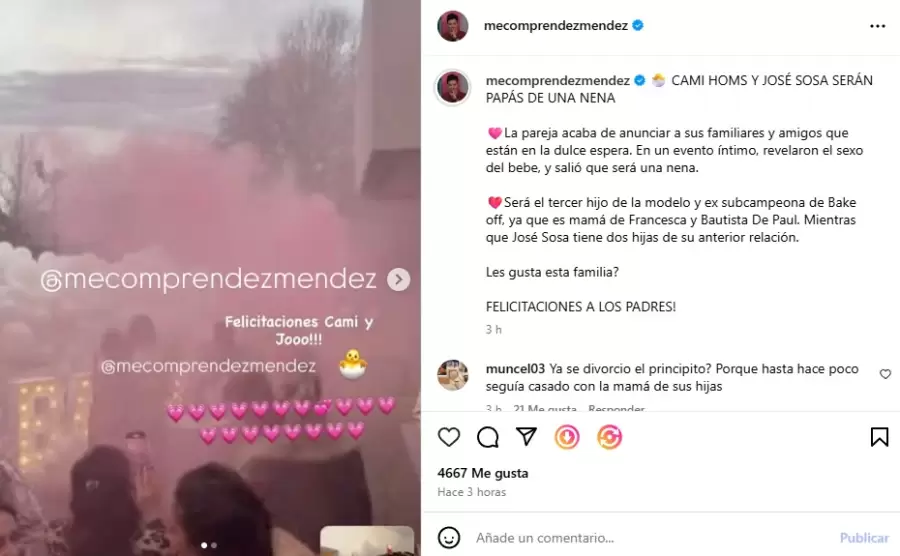 Revelación del sexo del bebé de Cami Homs y José Sosa/ Fuente: Gustavo Méndez