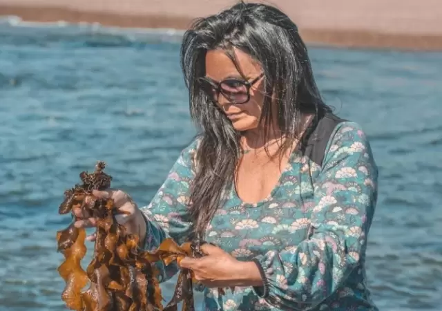 Carola Puracchio eligiendo algas invasoras que llegaron en barco a la costa patag�nica y ahora ella las transforma en ex�ticos platos.