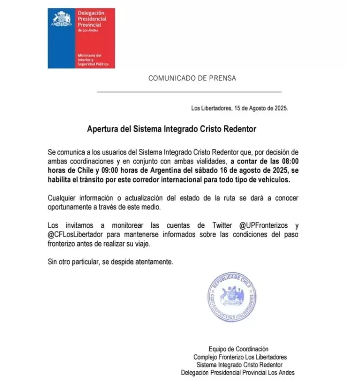 Reapertura Paso Cristo Redentor/ Fuente: Gendarmer�a