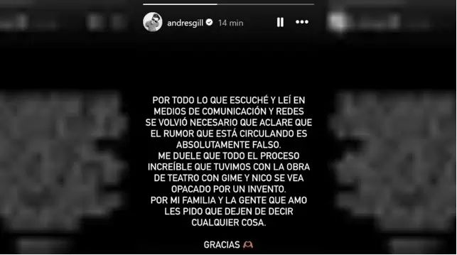 El descargo de Andr�s Gil en su cuenta de Instagram.