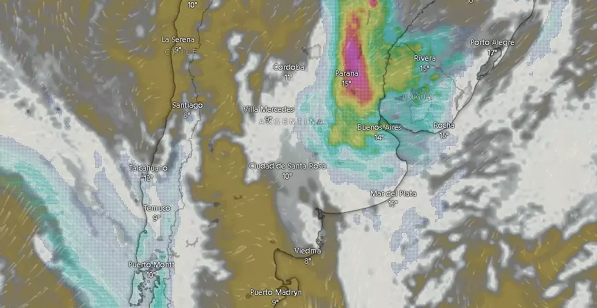 Nubes y tormentas sobre Argentina el martes 19 de agosto de 2025 a las 90.01.
