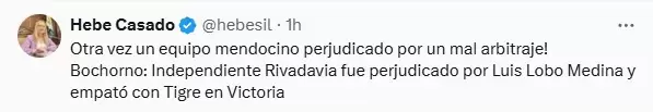 La vicegobernadora de Mendoza, Hebe Casado opin� sobre el pol�mico penal que le cobraron en contra a Independiente Rivadavia/ Fuente: X
