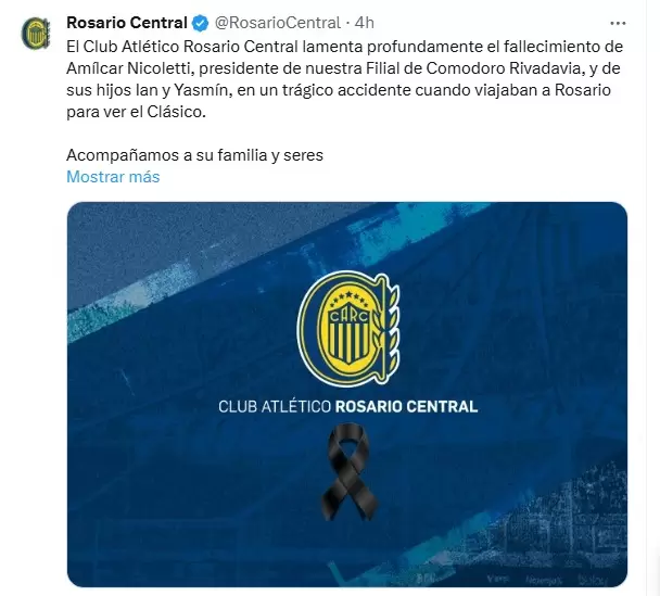 El mensaje de Rosario Central por el fallecimiento de tres de sus hinchas en un accidente de tr�nsito/ Fuente: Cuenta de X de Rosario Central