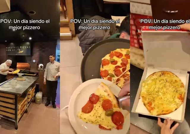 Una coordinacin perfecta, el pizzero lanza la preparacin al aire y su compaero la atrapa sin fallar.