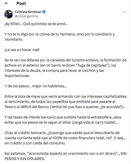 Posteo en X de CFK