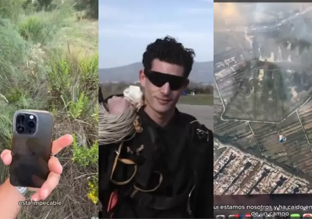 El momento exacto en que el iPhone de Pau Ramis cae al vaco durante un salto en paracadas.