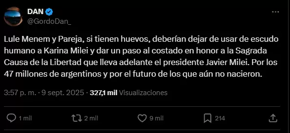 Tweet del Gordo Dan contra los Menem y Pareja