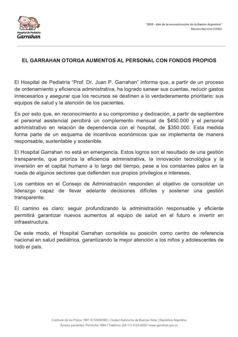 Comunicado del Hospital Garrahan.