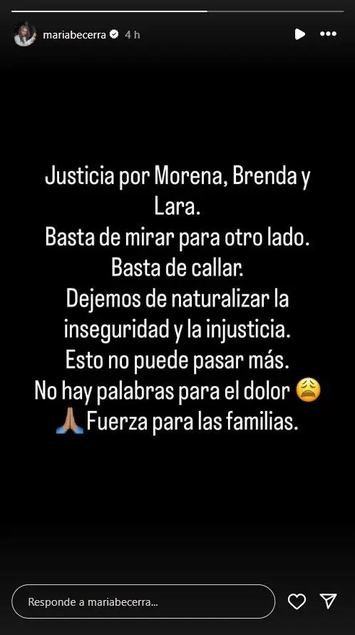El posteo de María Becerra por el triple crimen de las chicas en Florencio Varela.