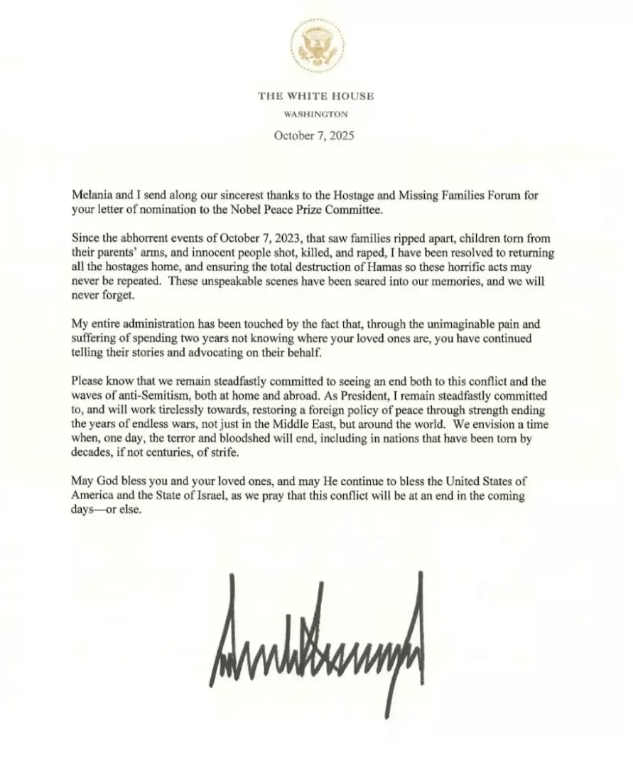 La carta con la que Donald Trump agradec�a la propuesta para el Nobel de la Paz.