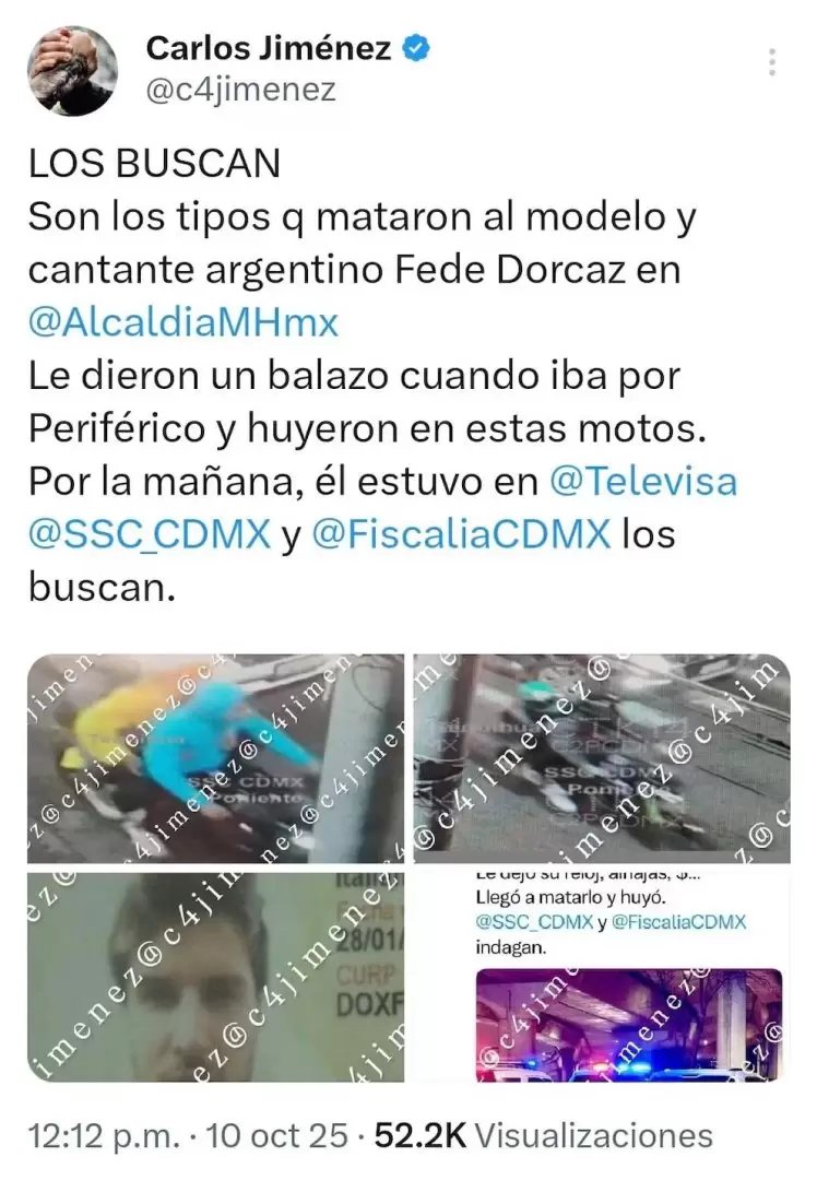 El periodista mexicano Carlos Jim�nez comparti� im�genes de los posibles sicarios/ Fuente: X Carlos Jim�nez