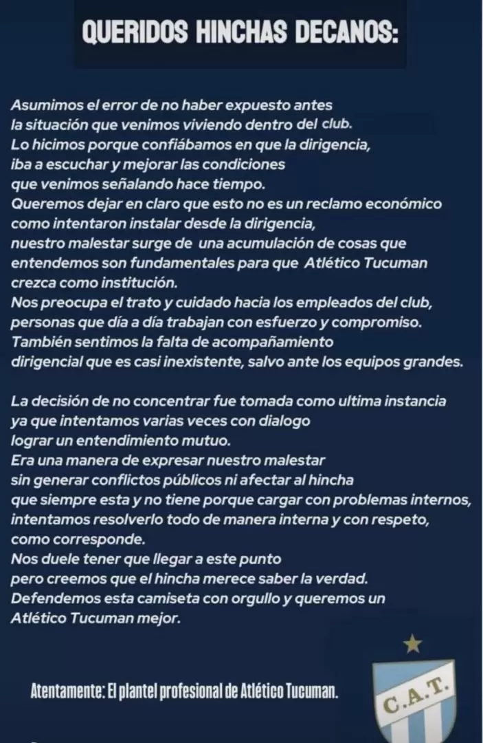 El comunicado del plantel de Atl�tico Tucum�n.