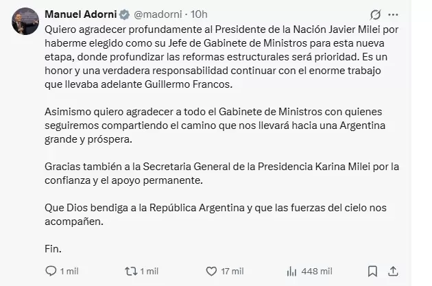 Manuel Adorni tras su designaci�n como jefe de Gabinete/ Fuente: X de Manuel Adorni