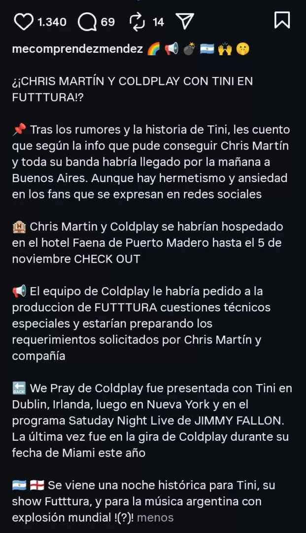 El periodista Gustavo M�ndez cont� en su redes que Coldplay habr�a llegado al pa�s/ Fuente: Instagram Gustavo M�ndez