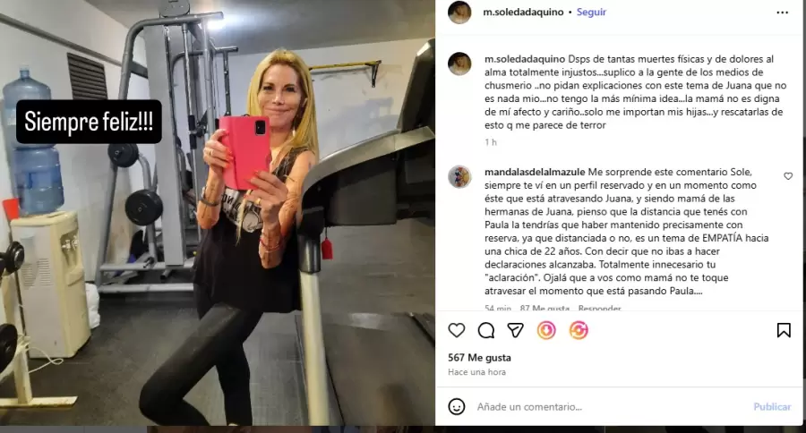 Soledad Aquino apuntó contra Paula Robles por lo sucedido con Juanita Tinelli/ Fuente: Instagram de Soledad Aquino